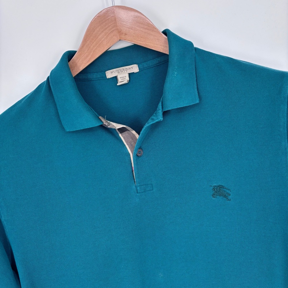Burberry Brit Pique Cotton Nova Check Placket Polo Shirt Mens XL Green Logo FLAW